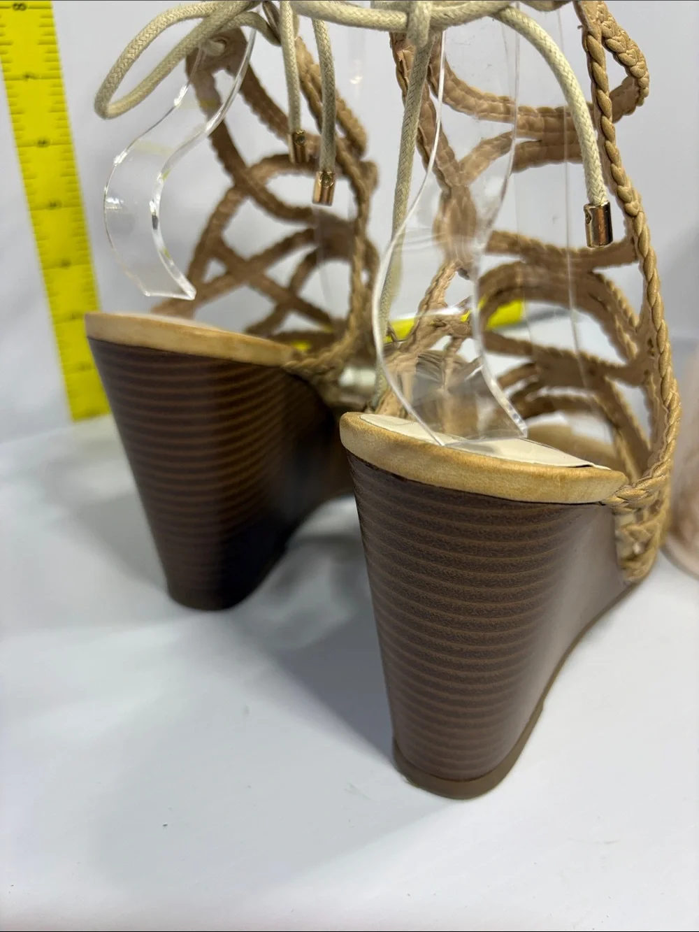 7.5 Fergalicious Braided Lace-Up Wedge Sandals - Tan. Box 25